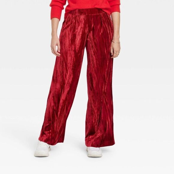 A New Day Crushed Velvet Wide Leg Pants Cherry Red XS Pull On - Picture 1 of 13